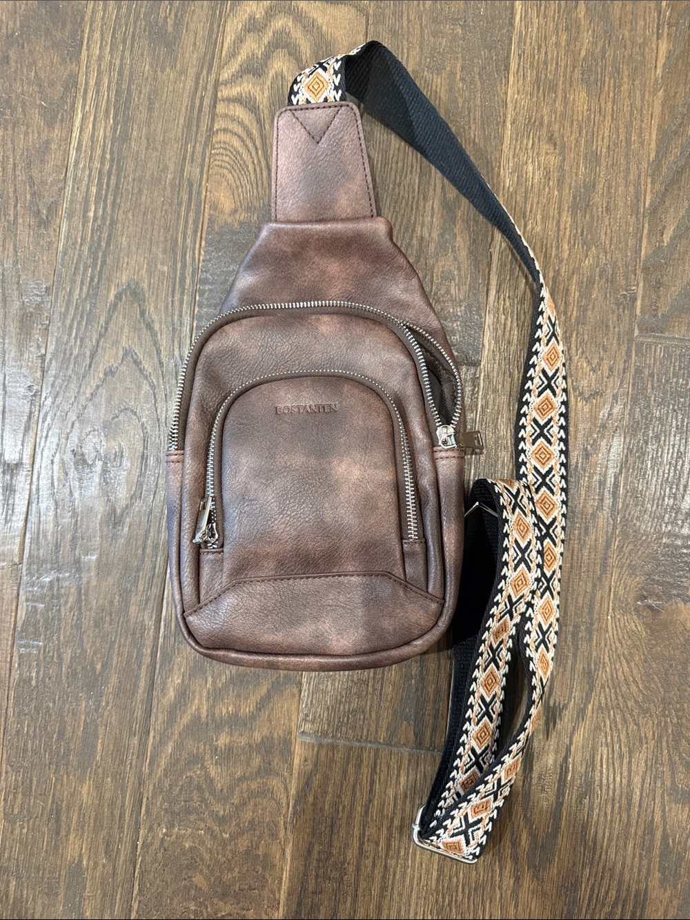 Lost Vaster Brown Leather Crossbody Sling Bag with Patterned Strap